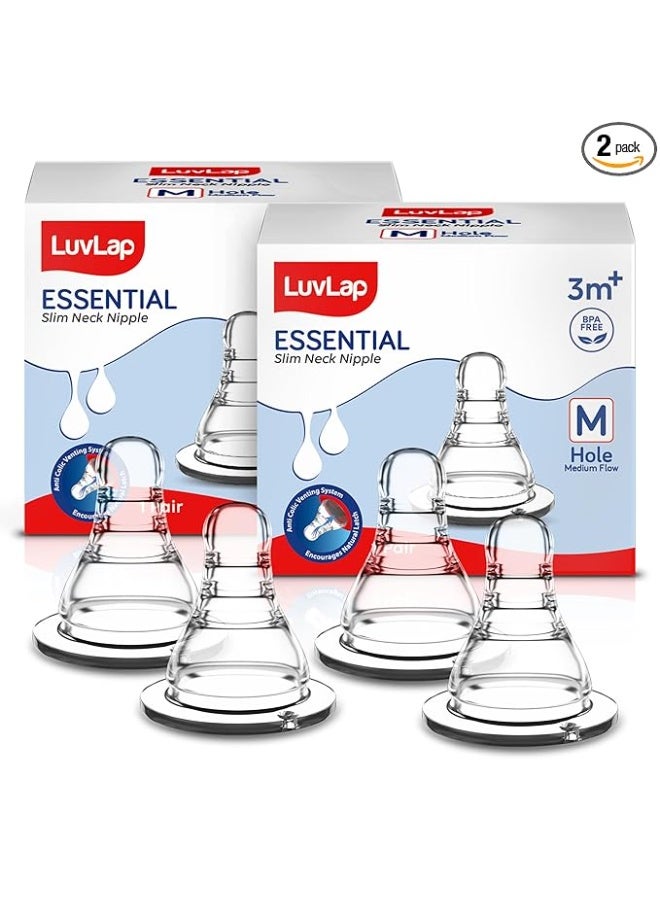 LuvLap Slim Neck Teat/Nipple, Medium Flow, 100% Liquid Silicone, 3m+, Pack of 4 - Image 1